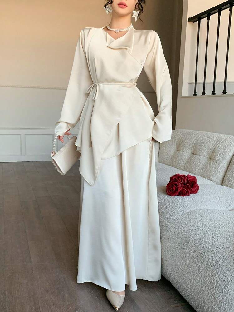 Women's Satin Wrap Draped Neck Cinched Waist Top And Spaghetti Strap Maxi Dress Elegant 2-Piece Set