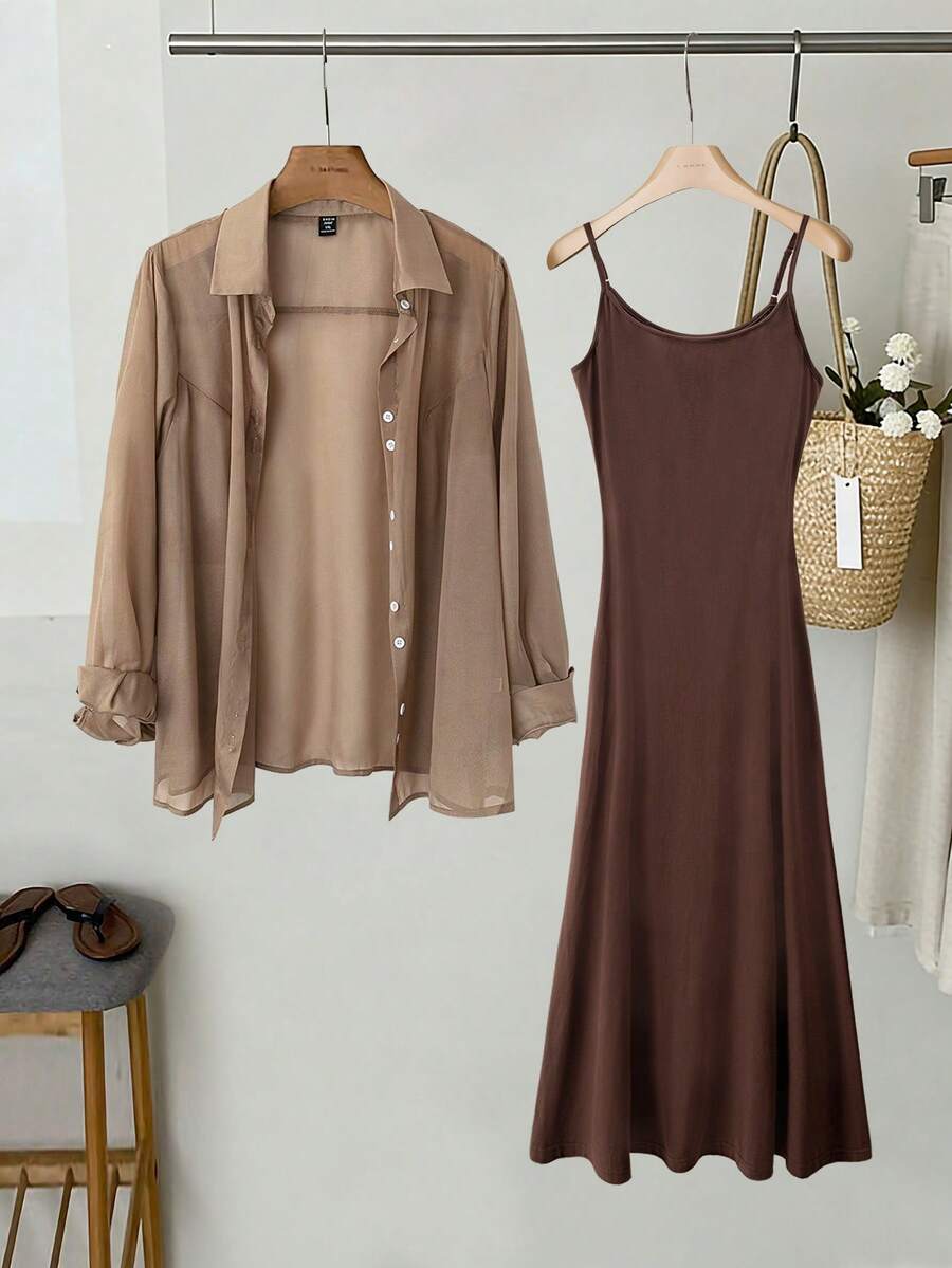 SHEIN LUNE CURVE Bộ váy maxi không tay, màu trơn, thanh lịch, thường ngày, chất liệu dệt kim mỏng nhẹ, thích hợp cho kỳ nghỉ biển, đi nghỉ mát. - màu nâu - Xem 1