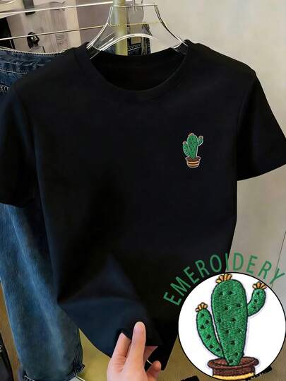 EMERY ROSE Kaktusbroderimönster Casual Dam Rund Hals Kortärmad T-shirt