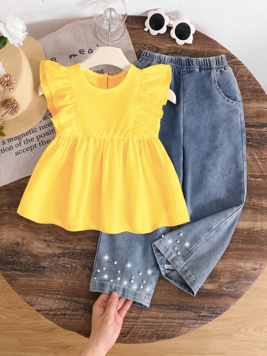 Genkimix Kids 2pcs/Set Toddler Girls Cute Casual Ruffle Sleeveless Blouse And Fashion Studded Denim Pants Outfit Tween Girls - Yellow - View 1