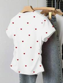 少女休闲简约爱心印花露脐短袖圆领T恤，适合夏季穿着，打造美式度假风，白色基础款T恤，日常百搭，舒适百搭，春、夏、秋、冬皆宜。 - 彩色 - 查看 3
