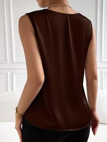 EMERY ROSE 女士简约优雅纯色褶皱V领衬衫，夏季 - 巧克力棕 - 查看 2