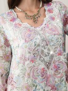 Yasmyna Đầm dài tay dáng rộng, in họa tiết hoa, dành cho nữ, thanh lịch, với cổ áo đính cườm. - Nhiều màu - Xem 6