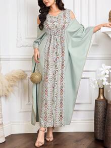 Al Najma 女士优雅几何印花露肩宽松开衩阿拉伯连衣裙，秋季 - 彩色 - 查看 2