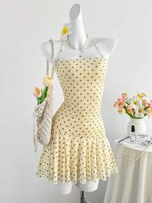 Elamini 女士黄色波点印花针织网眼衬里露背系带修身荷叶边迷你连衣裙，优雅复古浪漫可爱，适合春夏度假、休闲、约会、通勤等场合。 - 黃色 - 查看 3