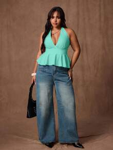 Rustia Áo tank top cổ yếm màu trơn dành cho nữ cỡ lớn, thích hợp mặc thường ngày và đi làm. - Màu xanh Bạc hà - Xem 1