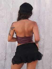 Rayane Ketlyn Women Buckle Front Backless Crop PU Leather Halter Top - Burgundy - View 2