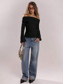 SHEIN BAE Women's Solid Color Ruched Asymmetric Long Sleeve Fitted Blouse - Black - View 4