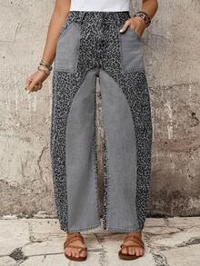 EMERY ROSE Mature Denim Women's Solid Color Leopard Print Patchwork Fashionable Jeans Summer Beach - Blue - View 2