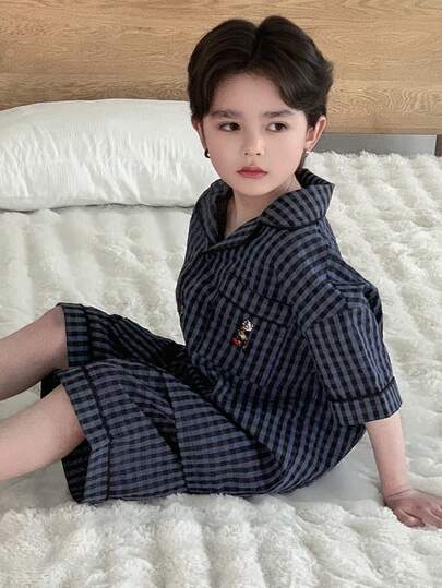 DAZY Tween Boy Plaid Short Sleeve Top And Shorts Pajama Set Spring