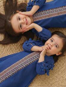 SHEIN 女童纯色方领蝴蝶结装饰休闲连衣裙 - 彩色 - 查看 6