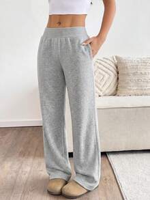 Flirla 女士灰色罗纹腰带低腰口袋直筒阔腿运动裤，秋冬时尚，适合教师、学生、毕业典礼、休闲、街头风、日常穿着，简约百搭 - 灰色 - 查看 4