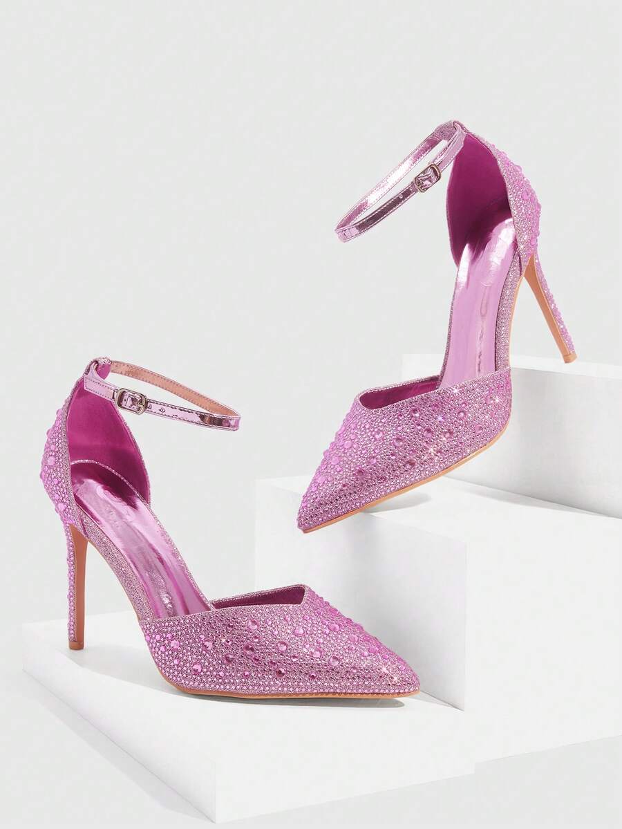 CUCCOO SZL Women's Fashionable Gold Full Rhinestone Ankle Strap Pointed Toe Stiletto High Heel Shoes, Suitable For Dating, Gathering, Holidays, Party Spring Shoes Spring Break Easter For Christmas Spring Shoes - Pink - View 1