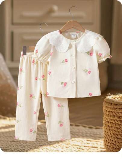 SHEIN Babygirl Cute Casual Summer Vacation Versatile Apricot Floral Pattern Peter Pan Collar Top And Pants Homewear Set