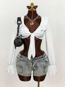 Mistrie Women's Fashion Sexy White Pleated Design Sleeve Bell Shirt - White - View 1