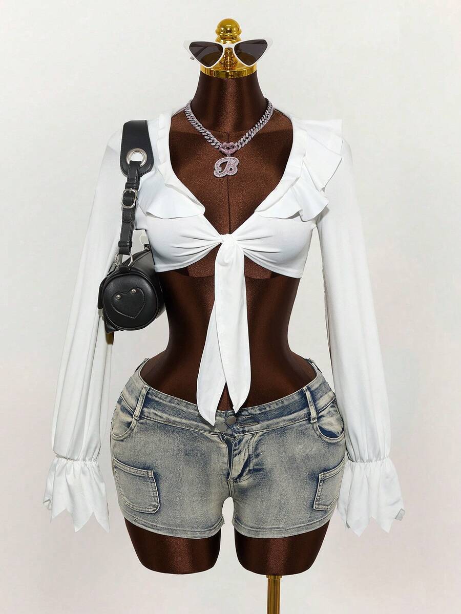 Mistrie Women's Fashion Sexy White Pleated Design Sleeve Bell Shirt - White - View 1