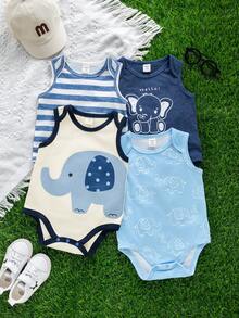 SHEIN 4pcs/Set Newborn Unisex Baby Boy/Girl Cute Elephant Print Sleeveless Romper Outfit Set, Spring/Summer Baby Clothes - Blue - View 5