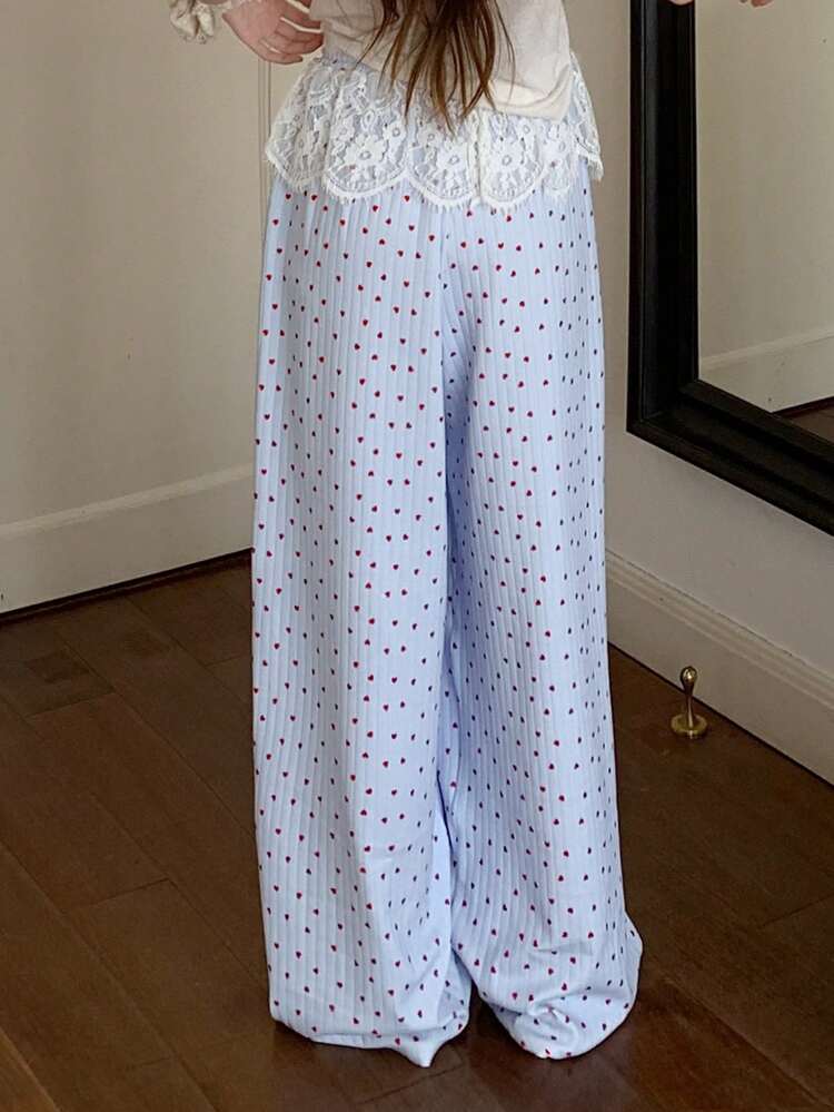 Heart Pattern All-Over Print Lace Ruffle Trim Women Pajama Bottoms