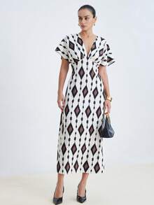 Aveloria Modichic Robe longue d'été en mousseline de style bohème vintage pour les vacances, décontractée, pour l'extérieur et les fêtes, imprimé géométrique, col V, manches chauve-souris amples, taille avec lien - Multicolore - Voir 5