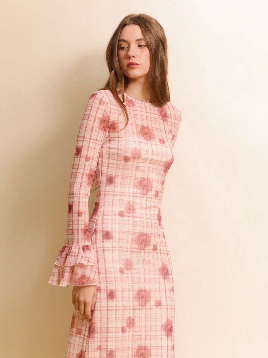 lacRébo Elegant Ruffled Maxi Dress With Floral Checks Spring New Year Spring Spring Dress Date Night Dress Going Out Dress French Style Parisian Style - Pink - View 1