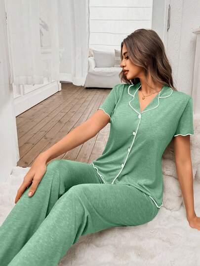 SHEIN Women's Green Classic Simple V-Neck Cardigan & Pants Loungewear Set, Casual Everyday Sleepwear