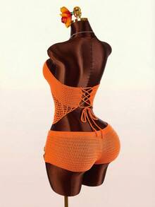 Amplova 女士橙色抹胸两件式泳衣，带罩衫，性感时尚，适合度假，花卉拼接撞色设计 - 彩色 - 查看 1