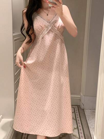 DAZY Sweet Lace Patchwork Rabbit & Ditsy Floral Camisole Waist Women Nightgown