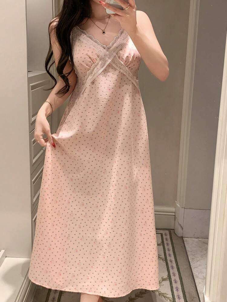 Sweet Lace Patchwork Rabbit & Ditsy Floral Camisole Waist Women Nightgown