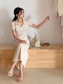 DAZY Đầm maxi nữ cổ bẻ, khóa kéo nửa thân, dáng chữ A, dài đến đầu gối. - Xám - Xem 5