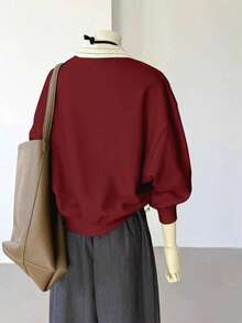 Airaco 女士休闲宽松落肩条纹拼接卫衣 - 酒紅色 - 查看 2