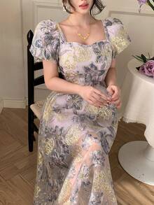 DAZY Women's Square Neck Short Sleeve Textured Fabric Printed Elegant Long Dress - Multicolor - View 5