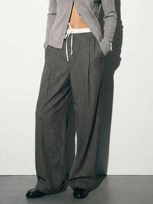 Maija Graphic Women's Gray Striped Straight Leg Casual Pants, Double Waistband, Urban Style Going Out Women Wide Leg Pants Grey Pants Pants Suit Pinstripe Pants Grey Two Piece Set Spring Outfit Women Loose Pants Valentine's Day Vacation Outfits Women Spring To Summer - Grey - View 1