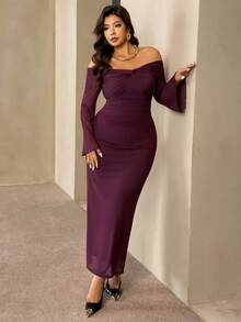 Auralis Plus Size Elegant Commuter Solid Color Off Shoulder Twist Flare Sleeve Fitted Dress Sexy Elegant Dress Wedding Dress For Women - Burgundy - View 7