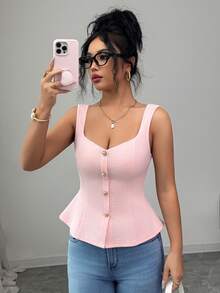 Elenzga Women's Fashionable Elegant Square Collar Button-Up Pleated Waist Fitted Camisole - Pink - View 5