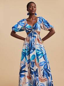 Travachic Women's Blue Tropical Print Sweetheart Neck Ruched Boho A Line Maxi Dress With Puff Short Sleeves - Blue - View 6