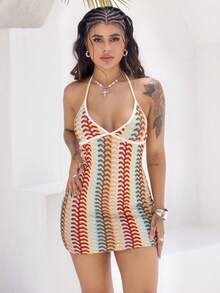 Rayane Ketlyn Women's Colorful Jacquard Knitted Contrast Color Ribbed Edge Halter Backless Deep V-Neck Mini Beach Dress,Boho Clothes Women - Multicolor - View 1