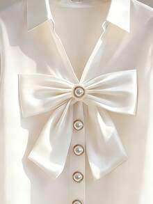 SHEIN Franclia Women's Elegant Deep V-Neck Bow Sleeveless Blouse Bow Top Women White Elegant Top Women Tops Elegant Classy Top Cute White Tops - White - View 4