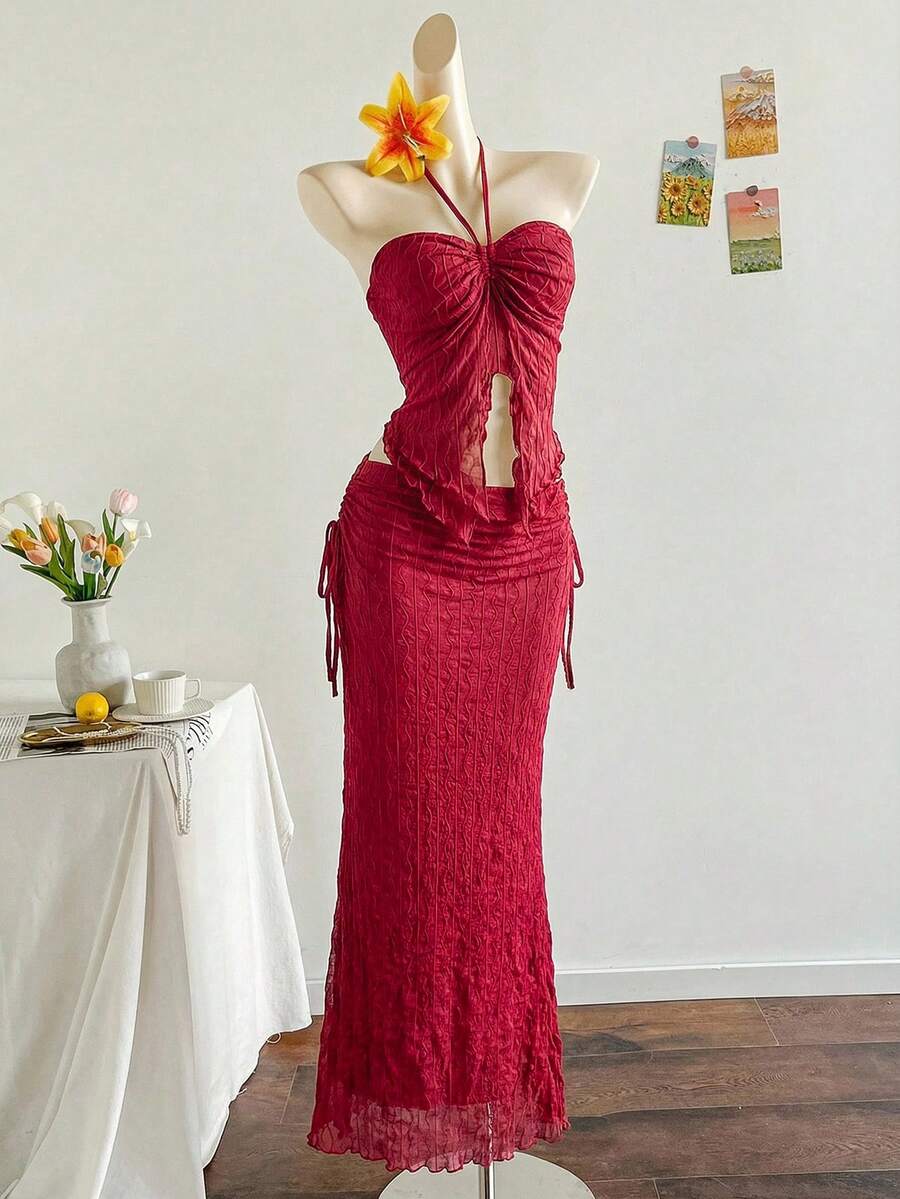 Soleia Women's Summer Beach Vacation Halter Top & Skirt 2 Pieces Set - Burgundy - View 1