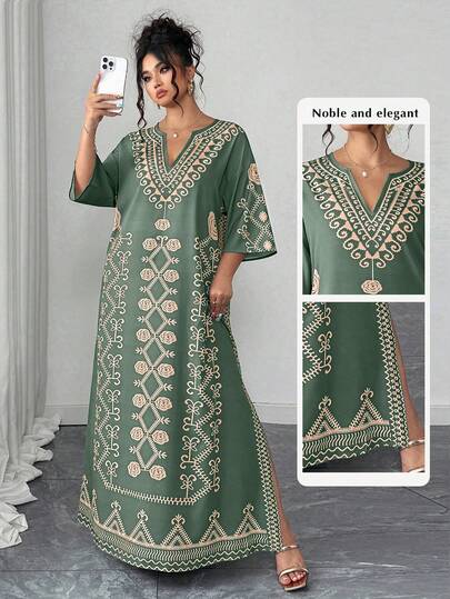 Elenzga Plus Size Women Retro Printed Long Dress