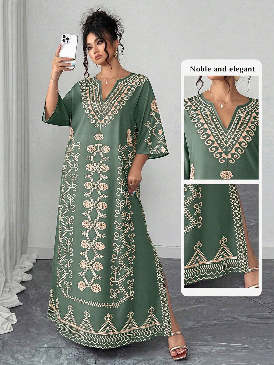 Elenzga Vestido largo de estilo retro con estampado para mujer de talla grande - Multicolor - Ver 1