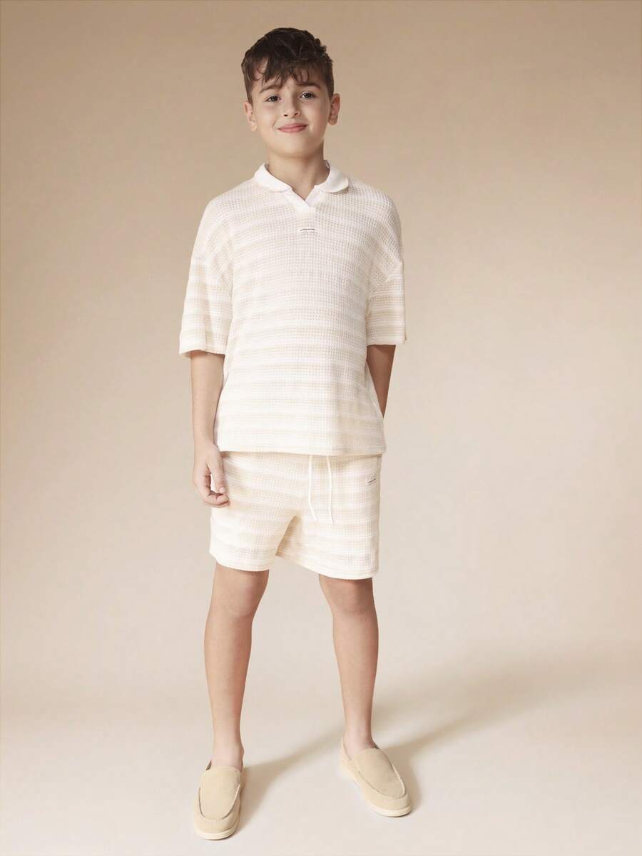 Bộ áo polo và quần short dệt kim họa tiết waffle SUMWON dành cho bé trai, kiểu dáng thường ngày, tay ngắn, có cổ, thích hợp cho kỳ nghỉ hè. - Màu xanh lam - Xem 1