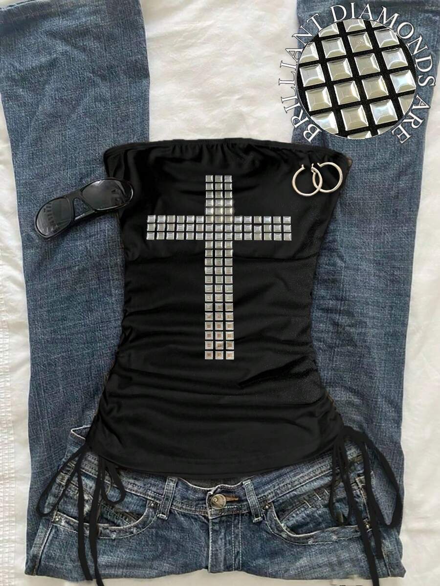 Attitoon 复古水钻十字装饰抽绳系带露脐吊带背心，适合春夏穿着，风格包括复古、休闲、性感、可爱、Y2K、椰子女孩、波西米亚风、度假、春假、早午餐、浅蓝色、闺蜜旅行、霓虹海滩风、波西米亚风、嬉皮风、音乐节、夏季等。 - 彩色 - 查看 1