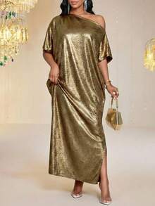 SHEIN Lady Vestido suelto con corte en el hombro metálico para mujer - Dorado - Ver 5