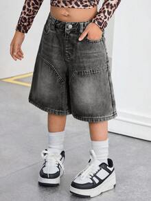 SHEIN بنطلون قصير جينز أزرق فينتاج Y2K للفتيات الصغيرات، بنطلون قصير كاجوال للفتيات الصغيرات للربيع والصيف للعطلات، بنطلون قصير بجيوب متعددة للفتيات الصغيرات بطراز الشارع الرائج - رمادي غامق - مشاهدة 6