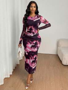 SHEIN Lady Women's Floral Print Round Neck Long Sleeve Pleated Fitted Elegant Mid-Length Dress - Multicolor - View 6