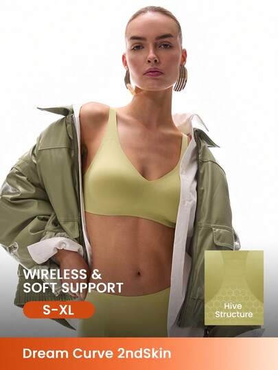 LUVLETTE Dream Curve 2ndSkin Green Wireless Seamless Plunge Lounge T-Shirt Lingerie As Outerwear Bra Sticky Basic SizeFreedom Bra No Show Underwear Comfortable Must-Haves Also Suitable For Teen Girl & Young & Kid