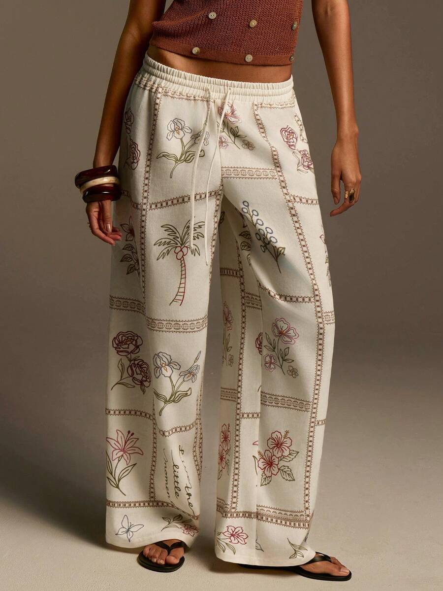 Athîral Women's Casual Vacation Embroidered Floral Trim Elastic Waist Pants, Spring/Summer - Apricot - View 1