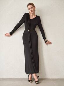 MOTF PREMIUM WOMEN'S MESH PATCHWORK DRESS WITH FLOWY RIBBONS - Black - View 5