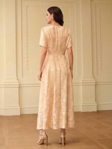 ZEYLAH Vestido elegante de manga corta con escote en V y jacquard, primavera/verano - Albaricoque - Ver 4