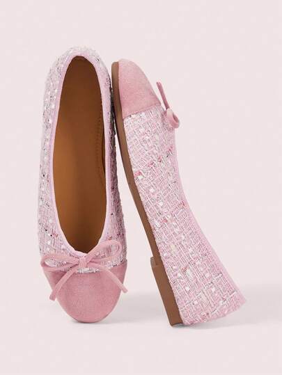 CUCCOO DOLLMOD Pink Patchwork Color Block Ballet Shoes, Chunky Tweed Bow Slip-On Casual Shoes, Cute Sweet Academic Style For Date Outfit Valentine's Day